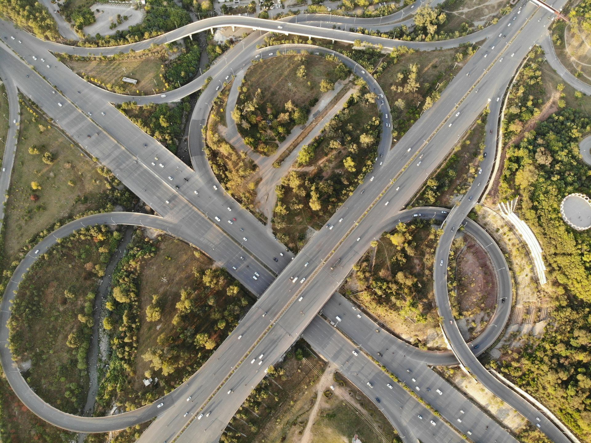Top-down view of a well-trafficked highway.