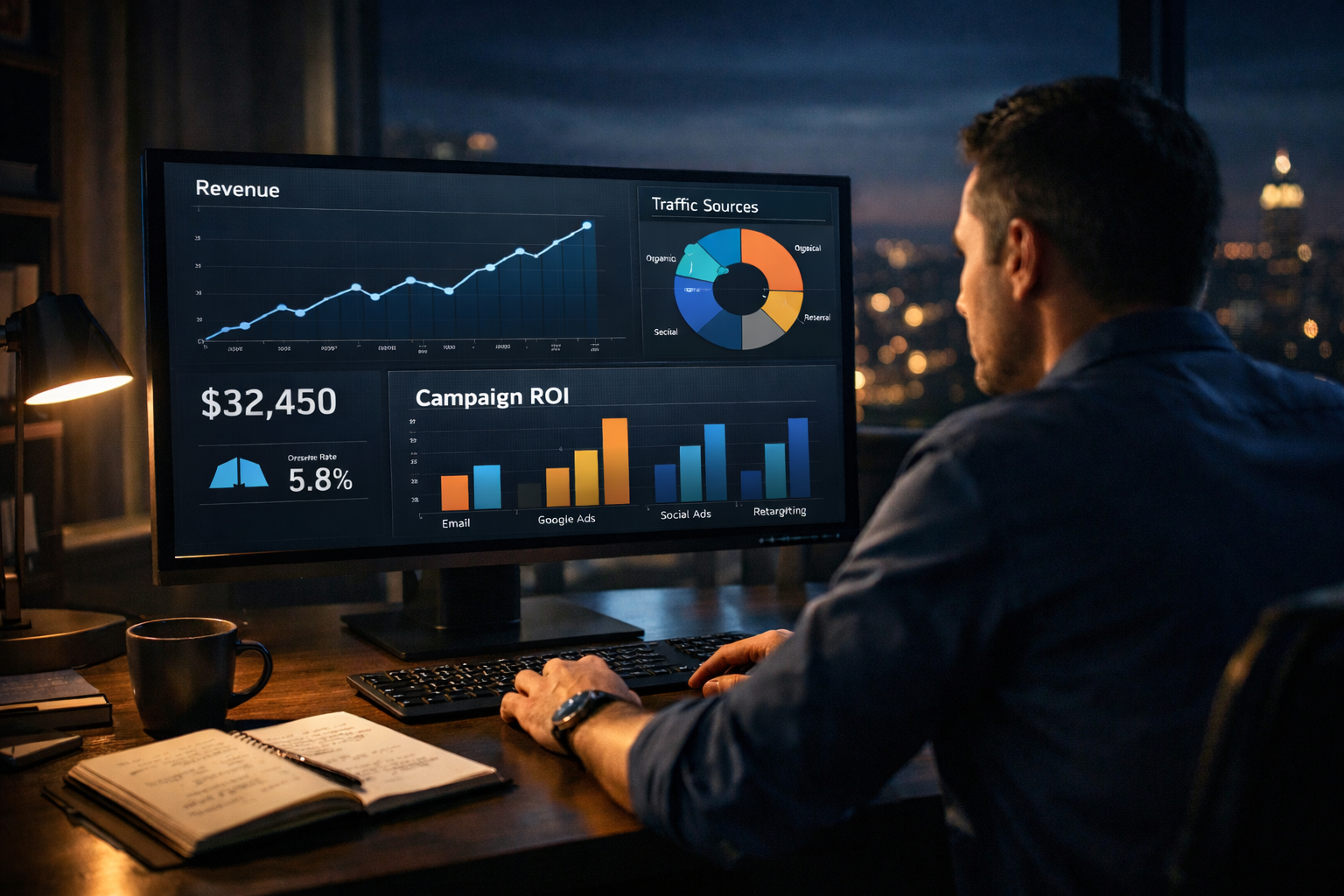Man analyzing data on a computer screen at night. City skyline visible, desk with book and coffee.
