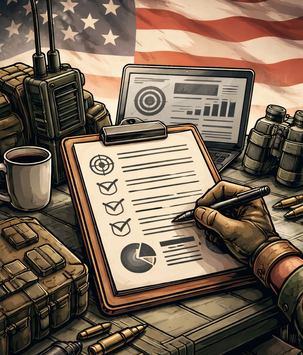 A person's hand in a military uniform writing on a checklist. USA flag, gear, and laptop in the background.