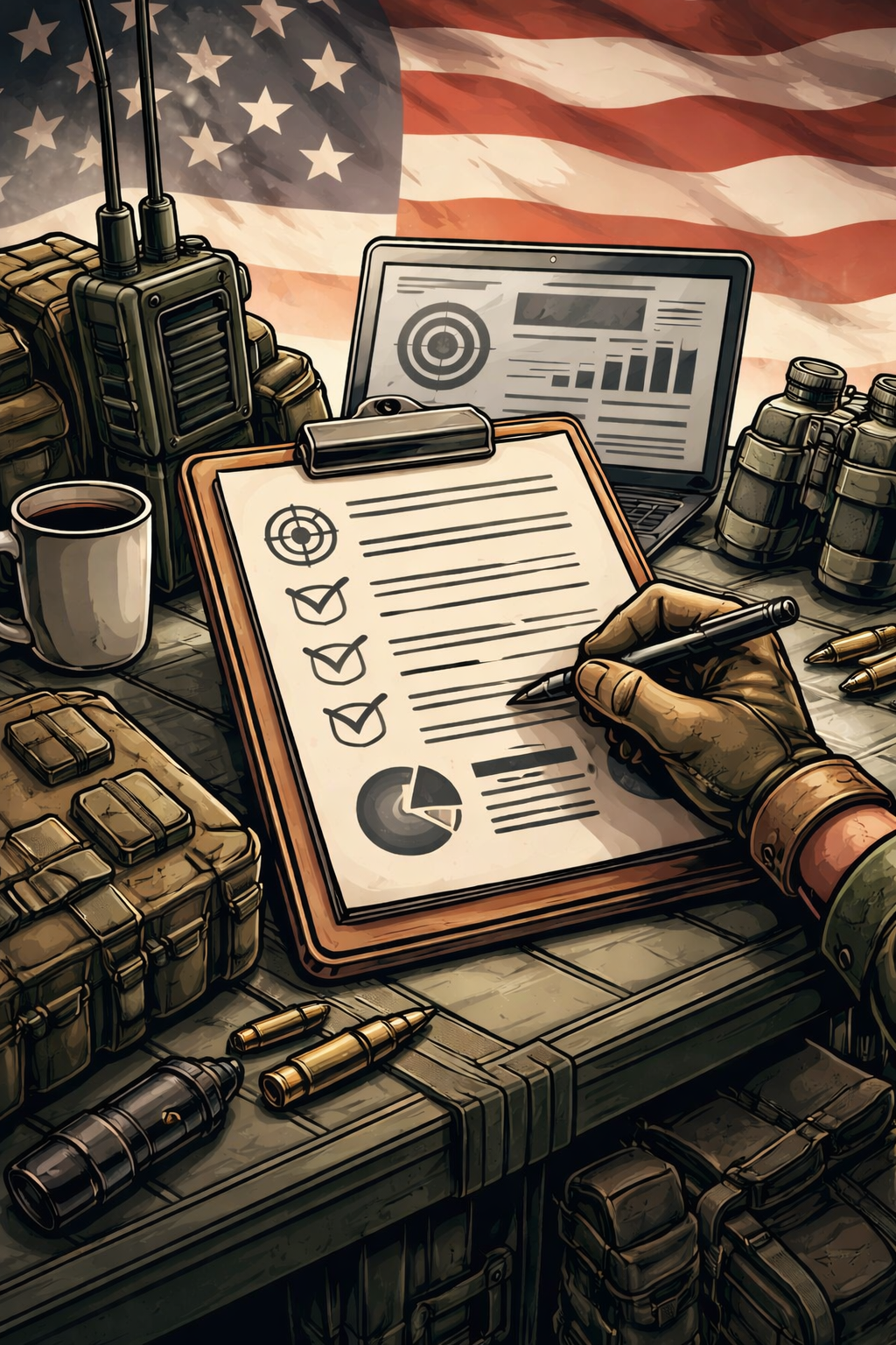 A hand in gloves writing on a clipboard, military gear, flag backdrop.
