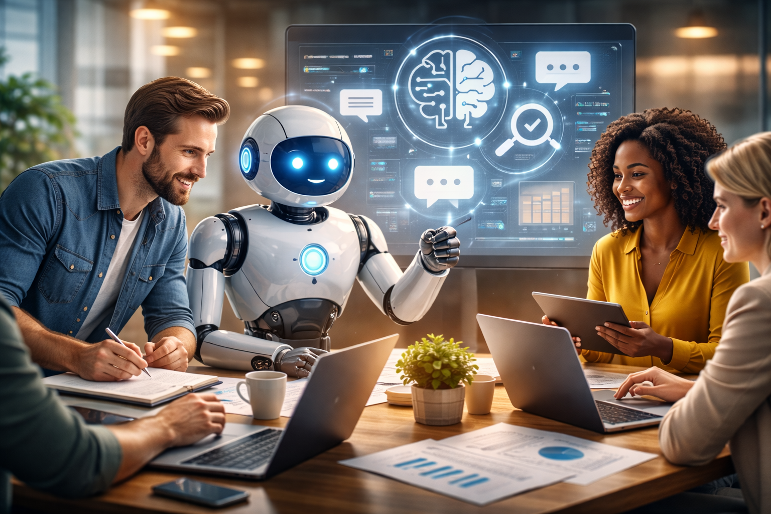 Team collaborates with a robot in a modern office; digital brain graphic on screen. People at table, working.