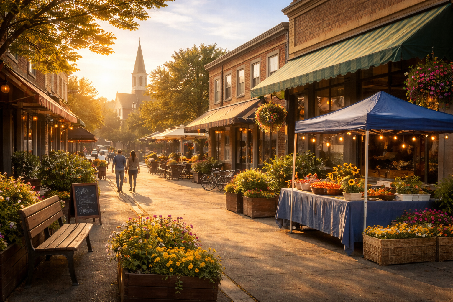 A sunny street lined with shops, flowers, and a couple strolling. A church steeple rises in the distance.