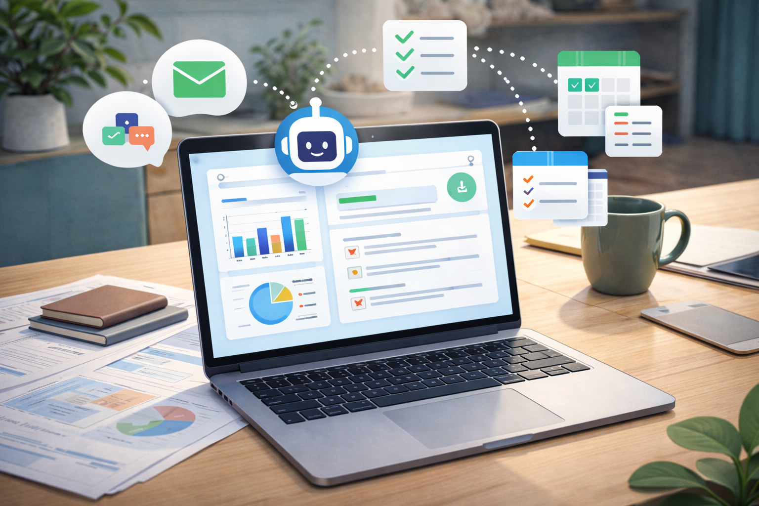 A laptop on a wooden desk with a digital assistant icon connecting to icons for email, messaging, tasks, and calendars.