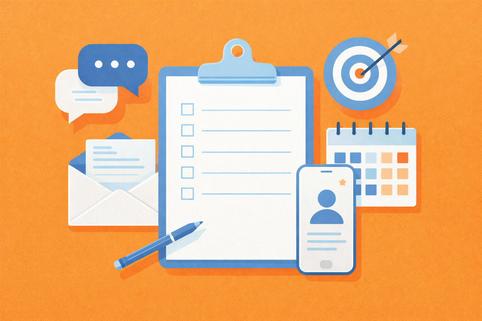 A clipboard with a checklist, pen, smartphone, email icon, speech bubbles, calendar, and target on an orange background.