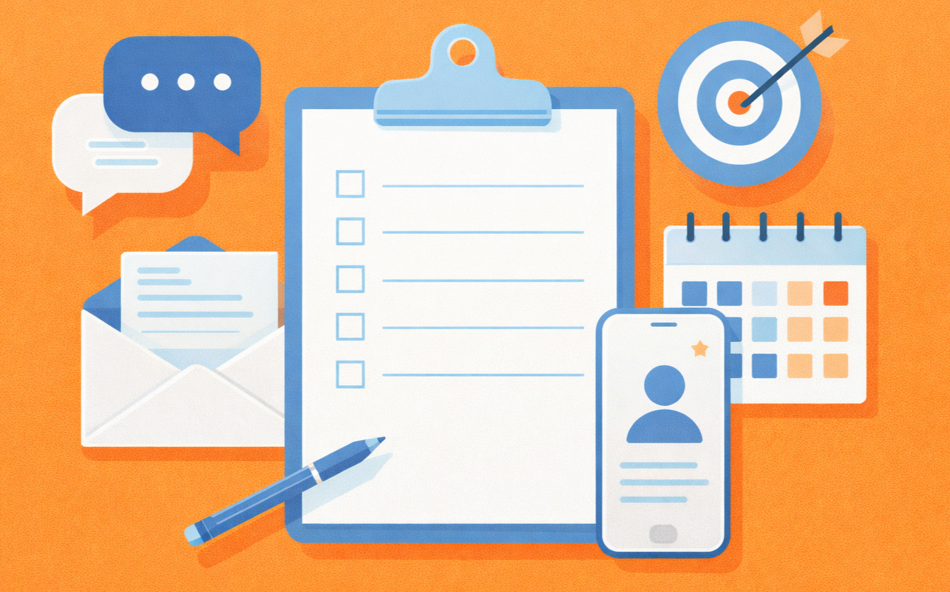 Flat-style illustration on an orange background featuring a clipboard, pen, target, calendar, mobile contact, and messages.
