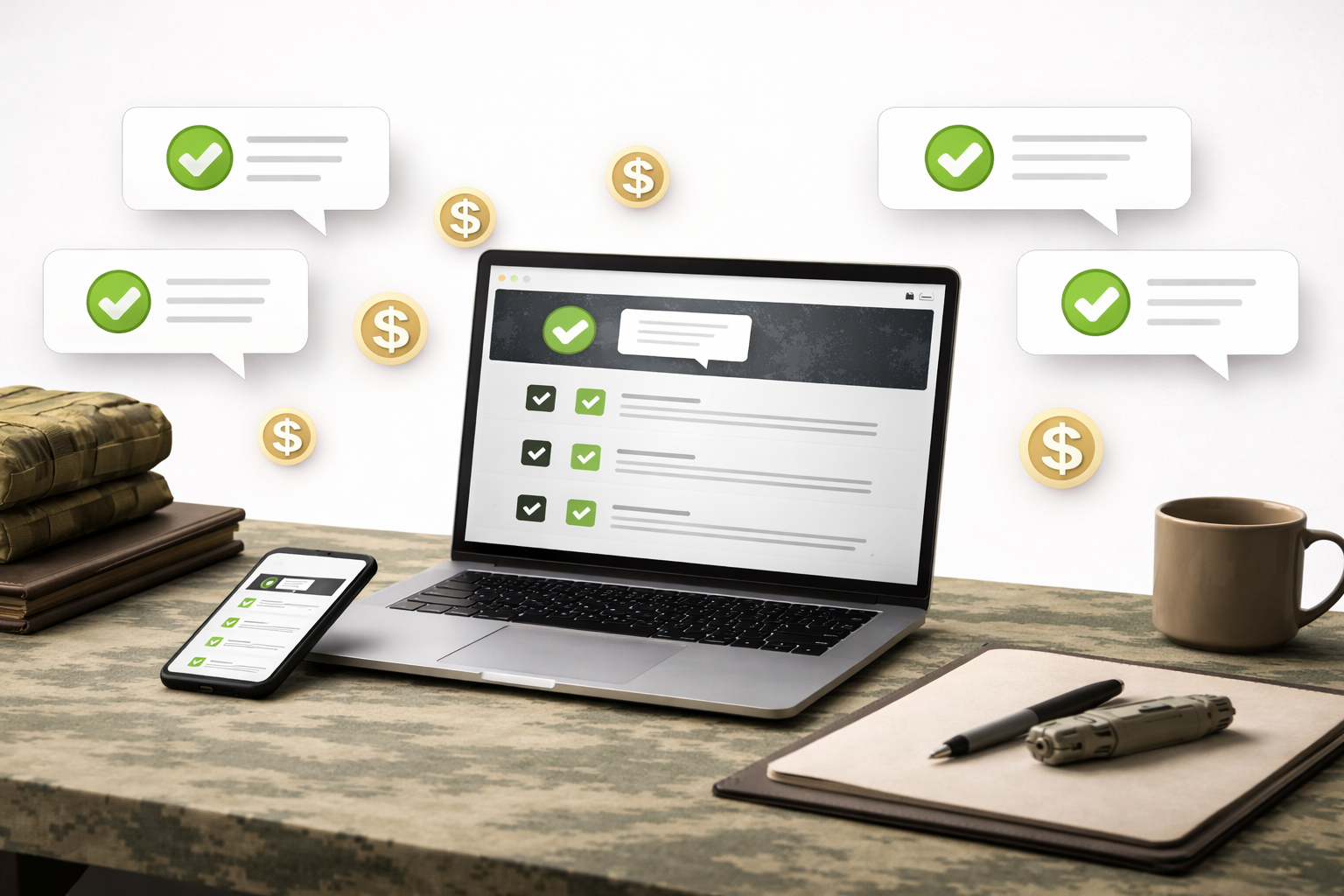 A laptop and smartphone on a desk showing checkmark lists, surrounded by floating speech bubbles and dollar sign icons.