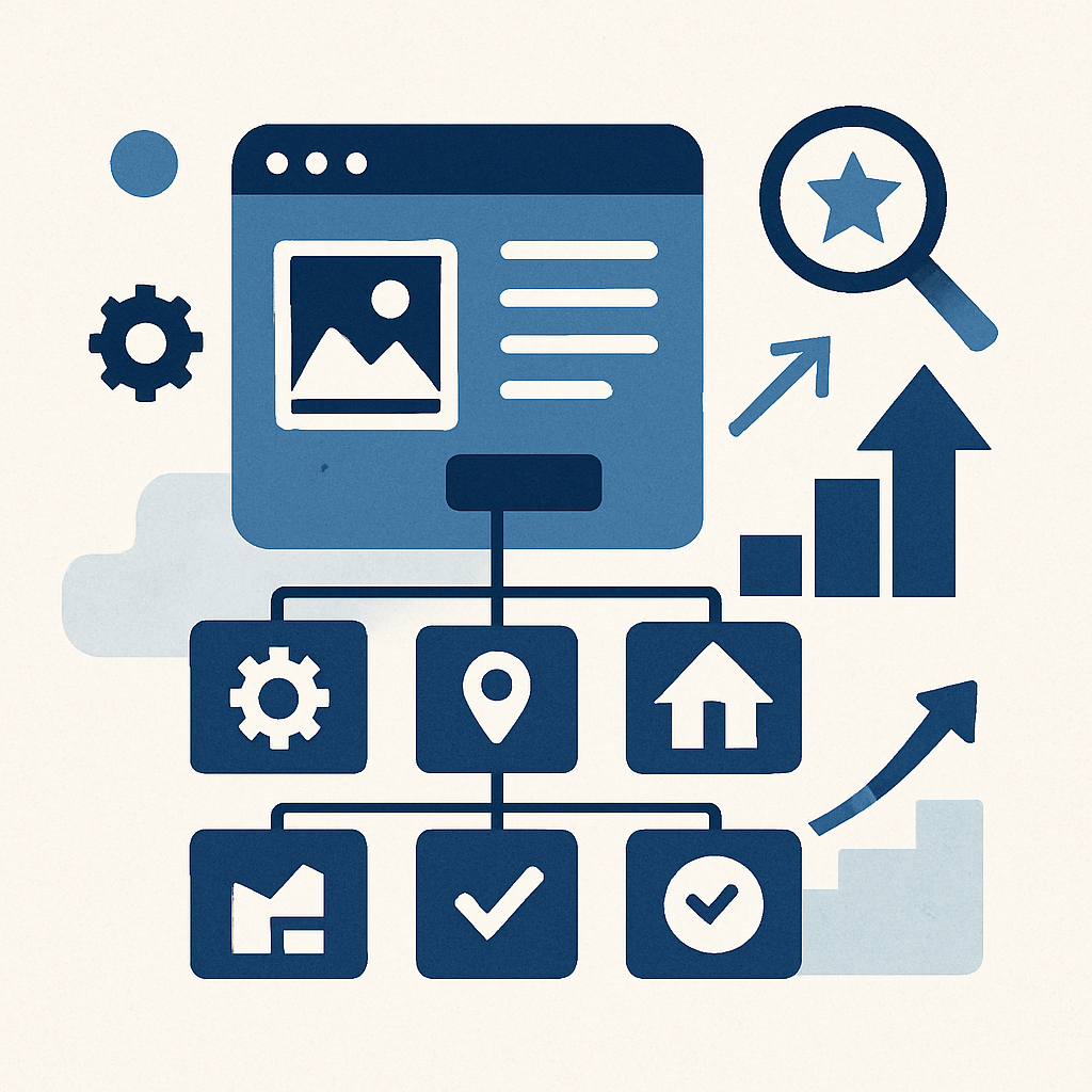 Website graphic with analytics elements; blue tones; data visualization.