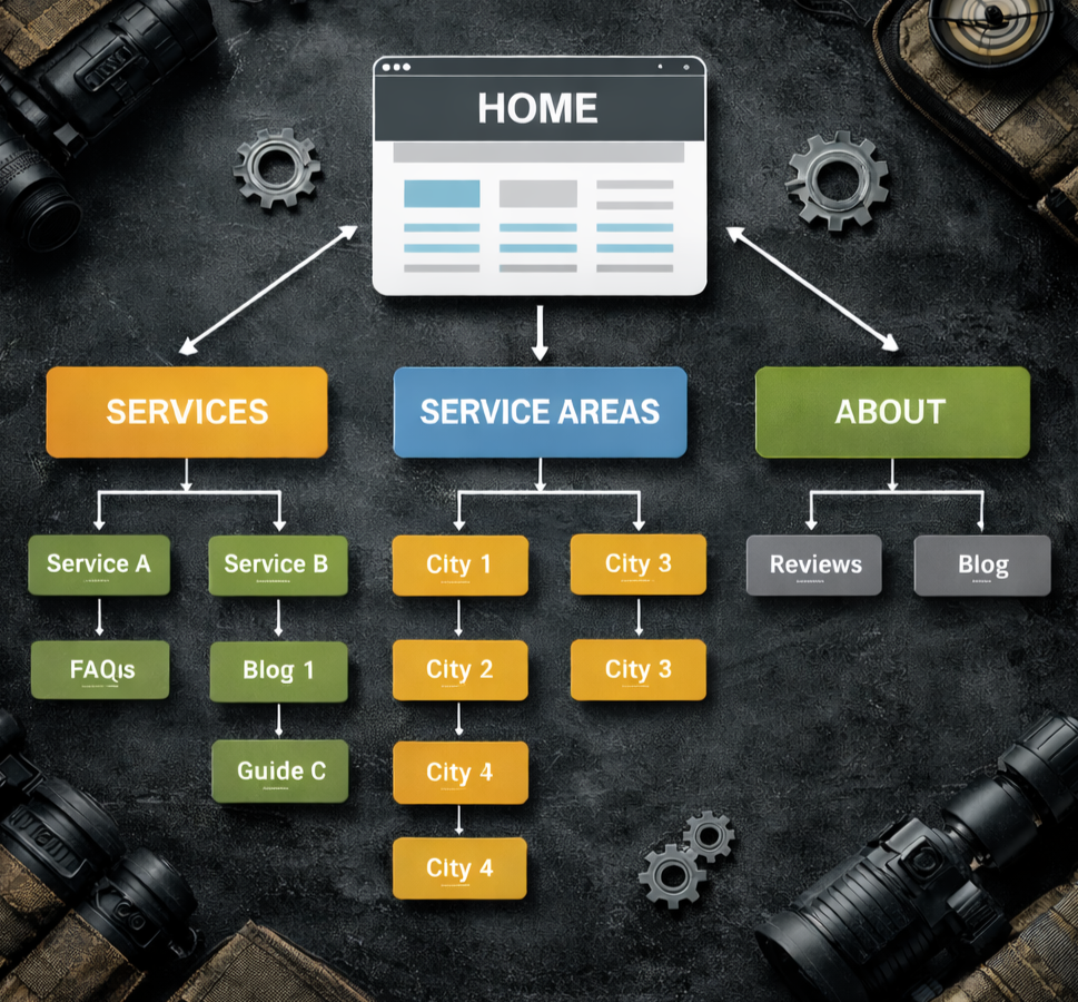 Website navigation diagram with home, services, service areas, and about sections.