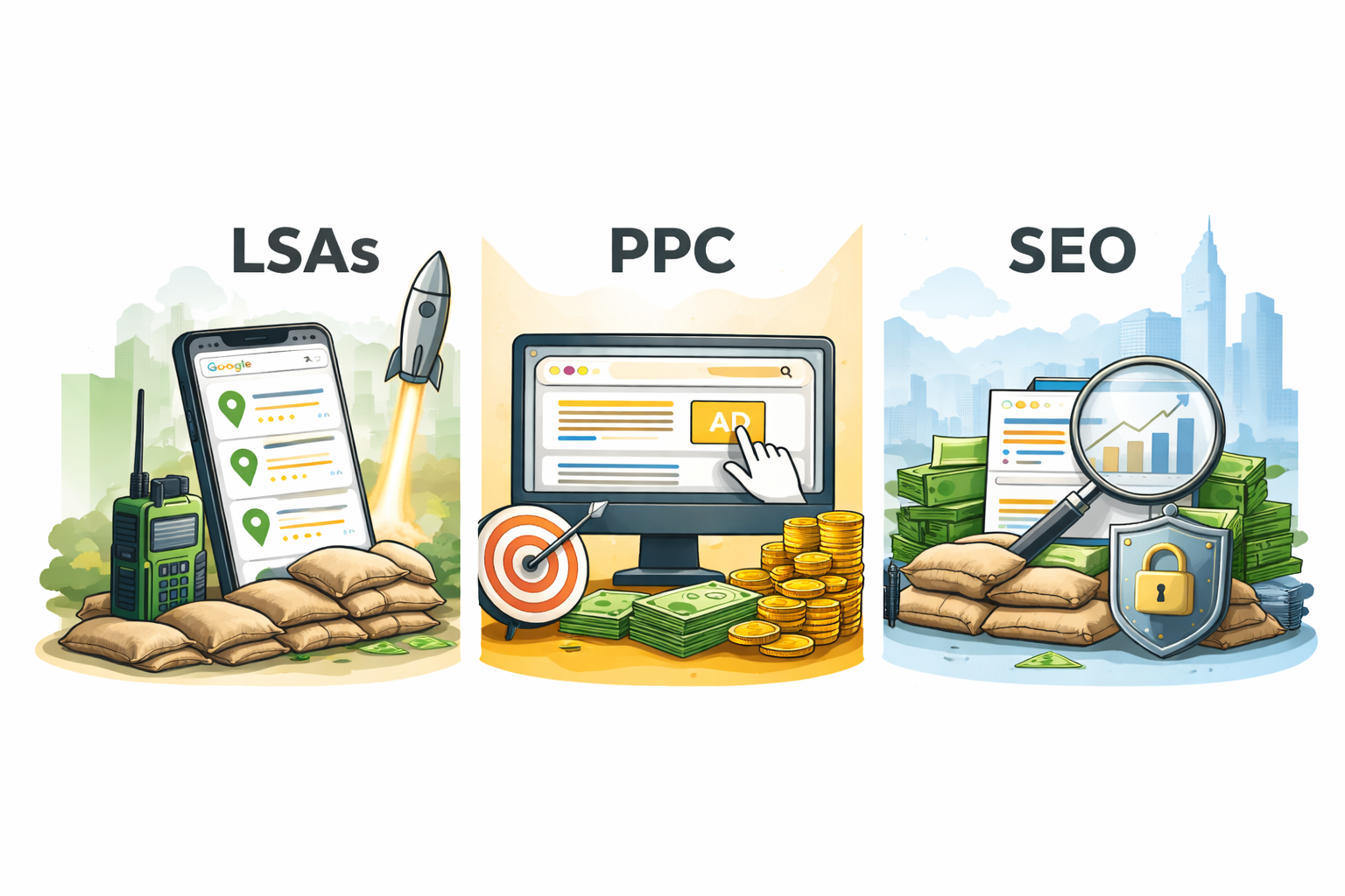 Graphics depicting Local Service Ads, Pay-Per-Click, and Search Engine Optimization, with associated visual elements like a smartphone, computer, and magnifying glass.