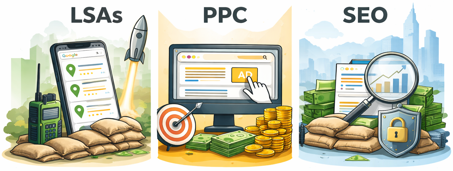 LSA, PPC, and SEO concepts illustrated with a phone, computer, and documents, along with money and security shield.