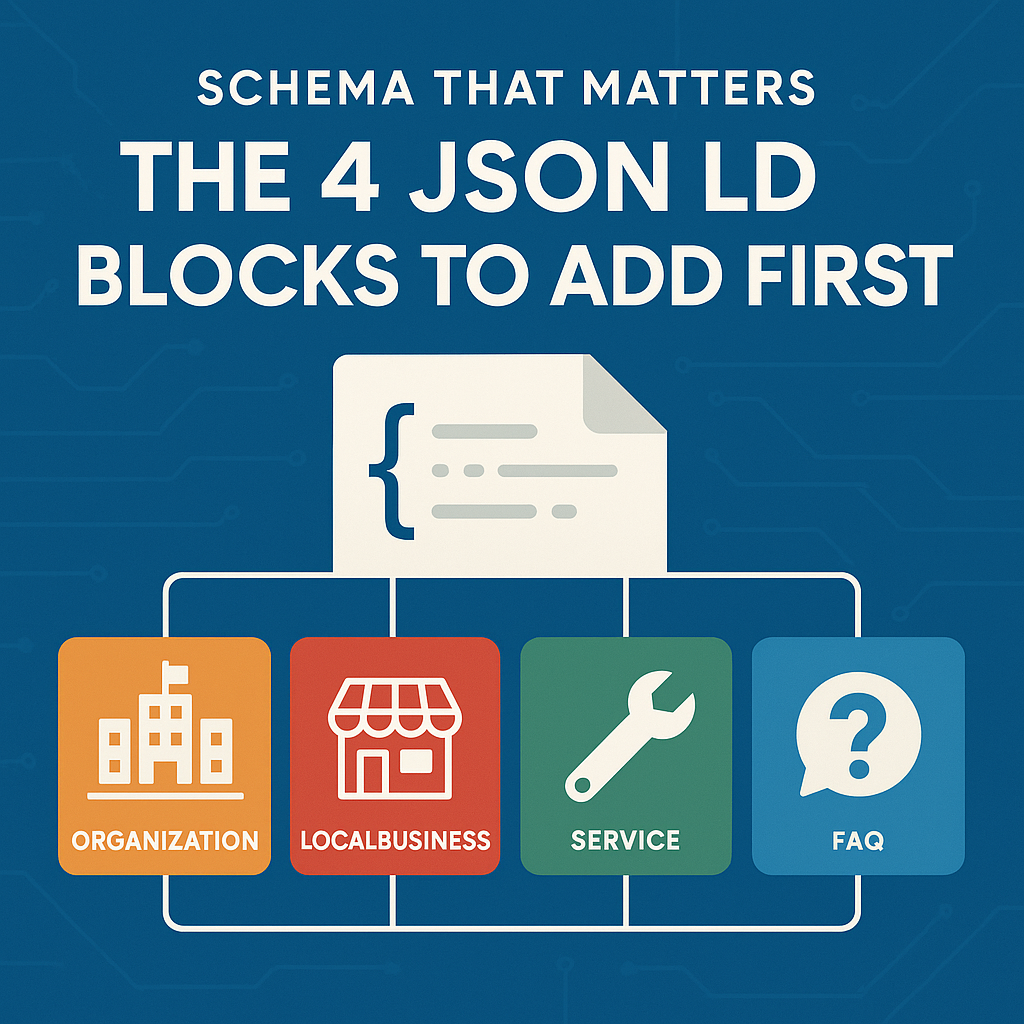 Diagram: 4 JSON-LD blocks to add first: Organization, Local Business, Service, and FAQ; with a blue background.