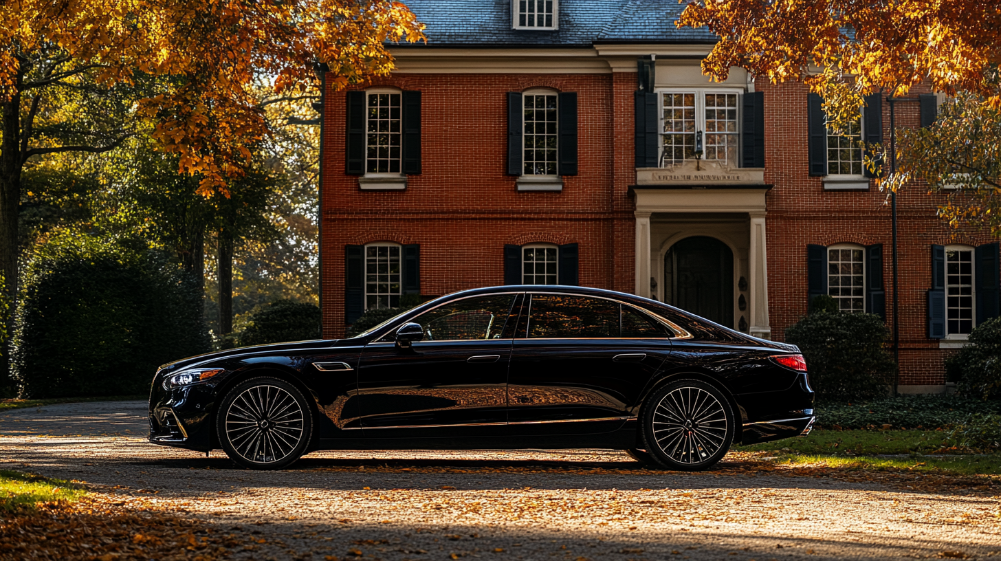 A black car is parked in front of a large brick house.