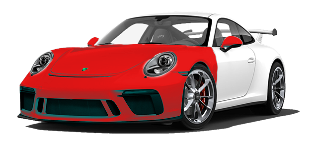 A red and white porsche 911 gt3 rs is shown on a white background.