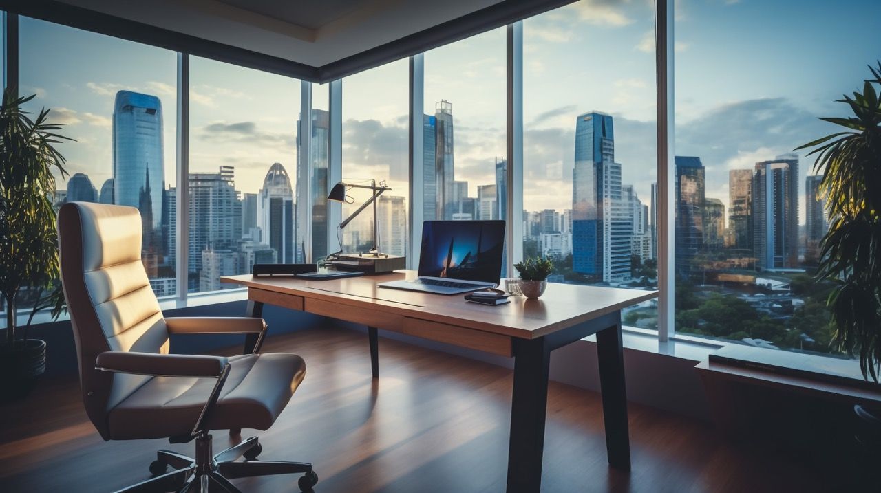 A desk and chair in an office with a view of the city.