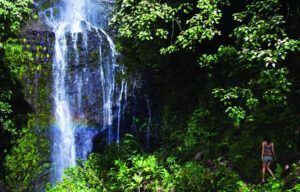 A person is standing in front of a waterfall with a rainbow in the background.