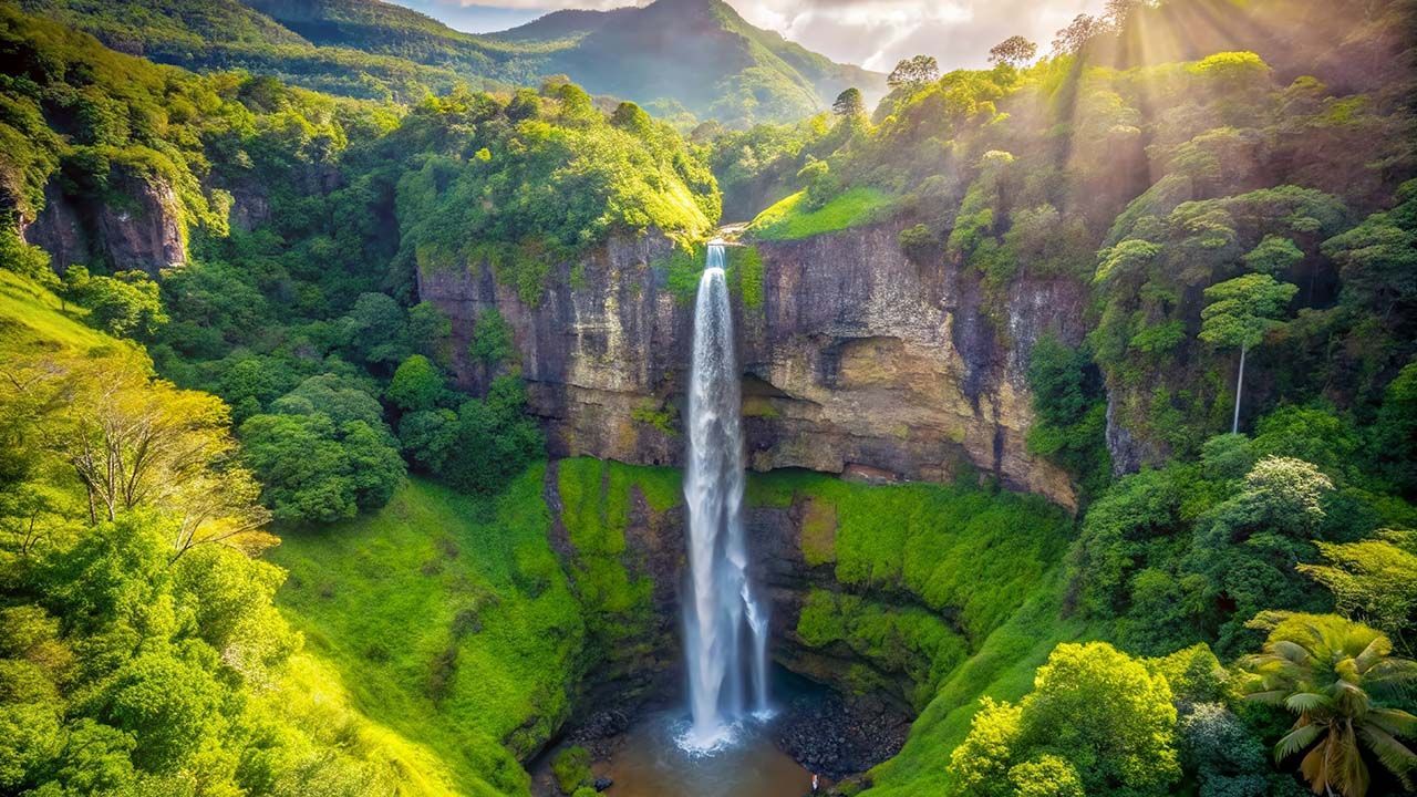 Hanakāpīʻai Falls on Kauai’s Nā Pali Coast — a towering 300-foot waterfall plunging into a jungle pool, surrounded by lush rainforest and steep cliffs, reached via the Kalalau Trail.