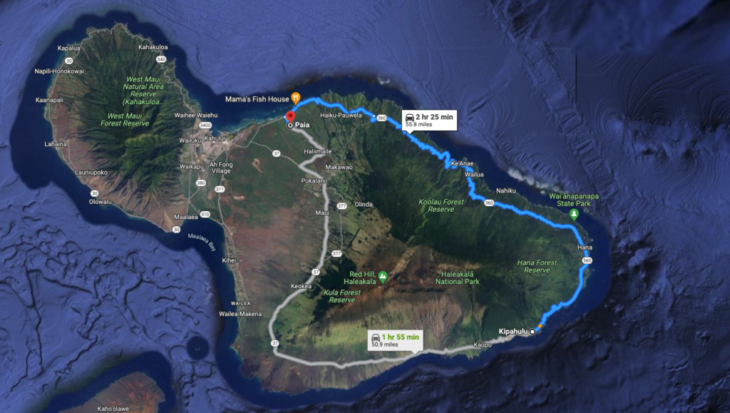 A map that shows a rough view of the road to hana