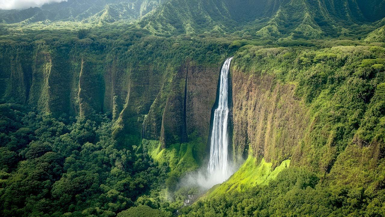 Waiʻaleʻale Falls on Kauai — dozens of thin waterfalls streaming down the lush, mist-covered cliffs of Mount Waiʻaleʻale, viewed from an aerial perspective in Hawaii’s rain-soaked interior.