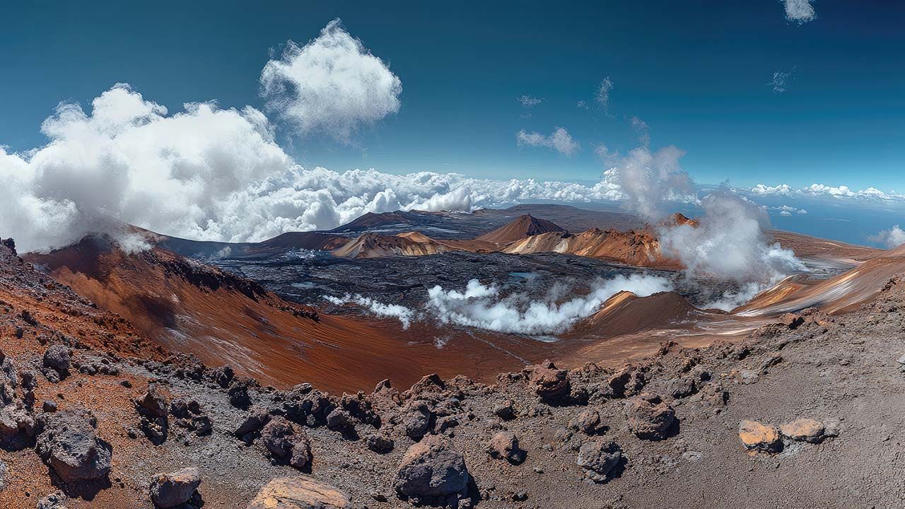 Volcanic summit landscape of Haleakalā National Park with rugged crater and clouds below.