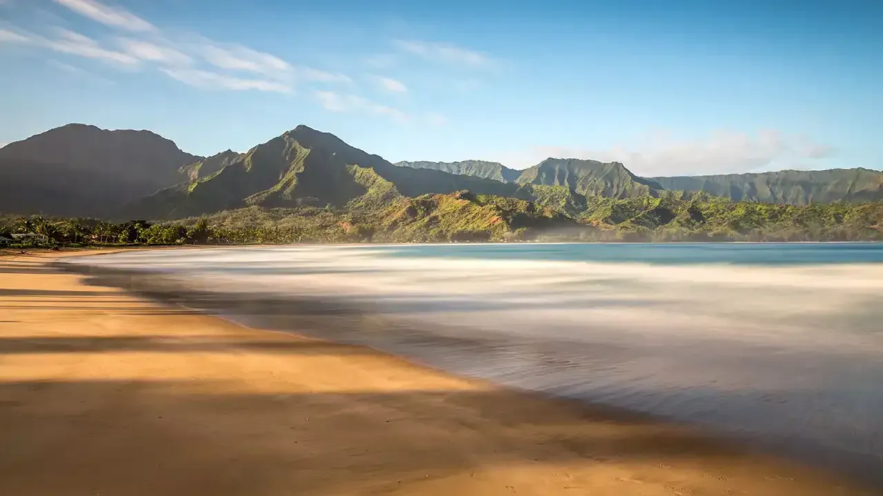 Hanalei Beach park on Hanalei Bay, Kauai Hawaii.
