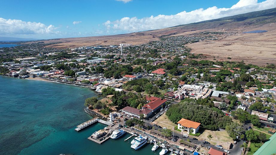 An aerial view of a small town next to a body of water