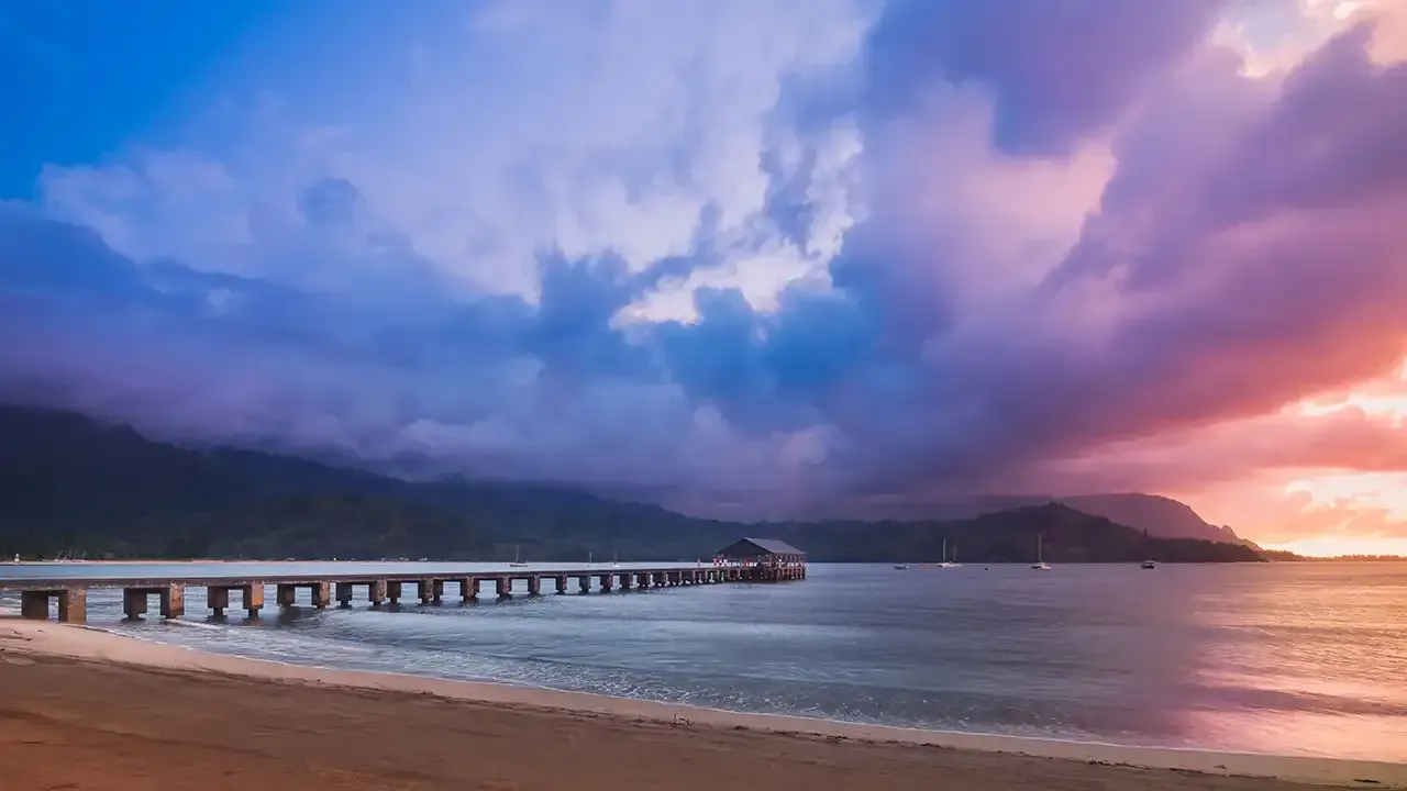 Sunset on Hanalei Bay, Kauai, Hawaii.