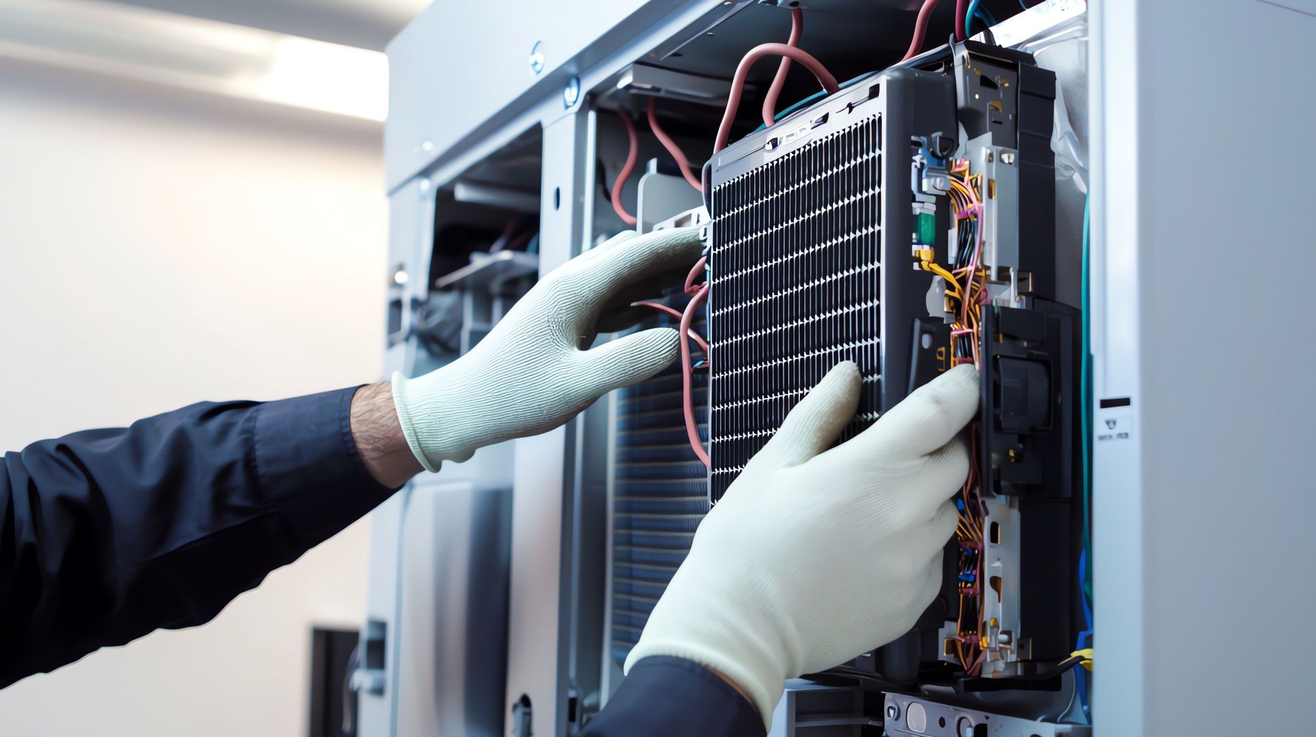 Gloved technician adjusting wiring inside an open server rack in a data center
