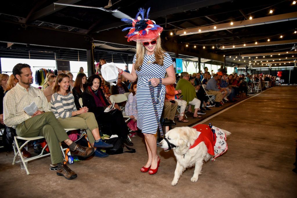 Casual dress model and therapy dog at a fundraisor