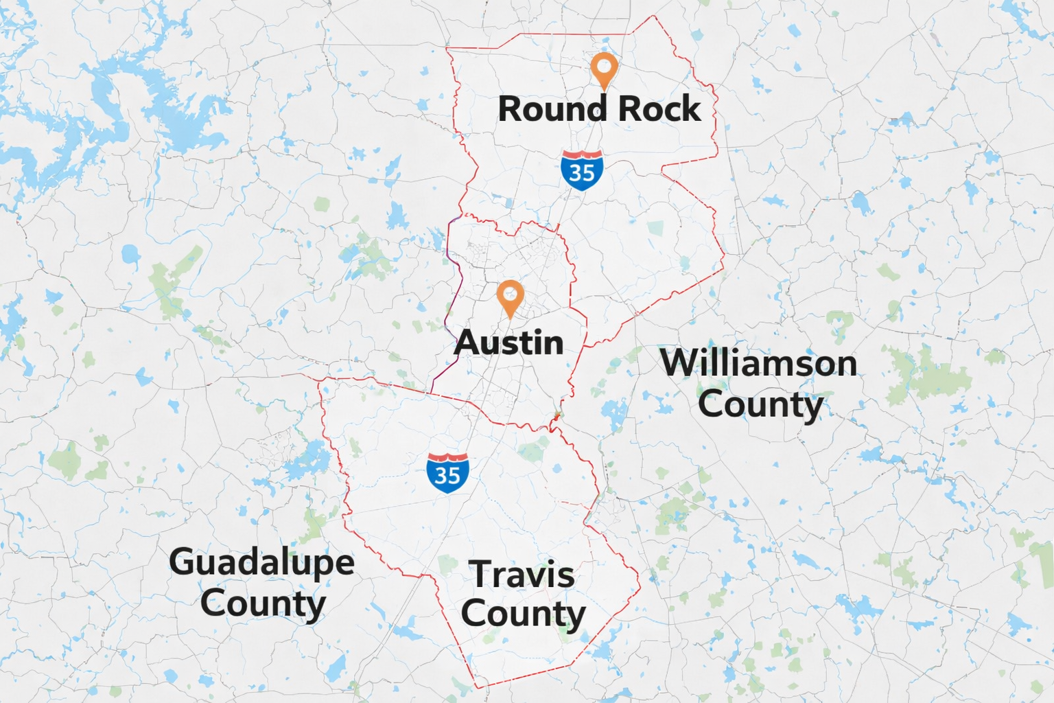 Map showing Austin, Round Rock, and surrounding counties in Texas.
