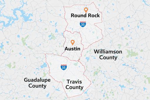 Map showing Austin, Round Rock, and surrounding counties in Texas.