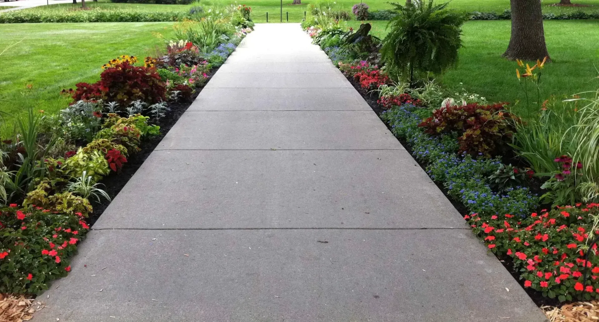 Concrete walkway lined with colorful flowerbeds and green grass.