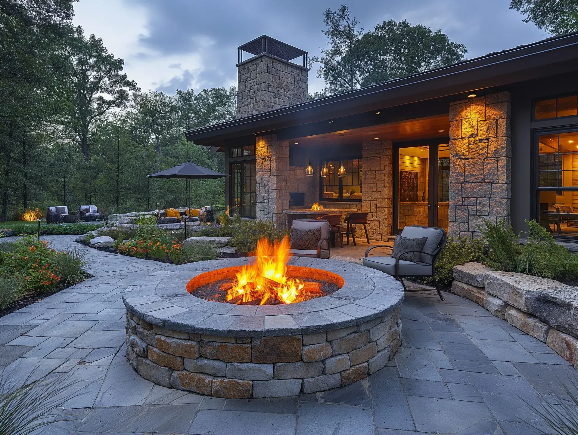 Stone patio with lit fire pit, outdoor seating, and modern house in a forest setting.