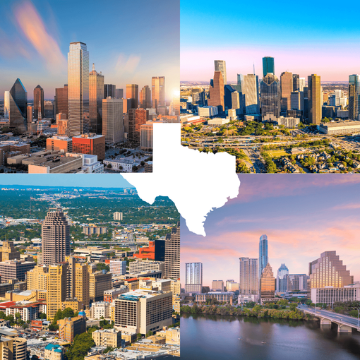 Map showing Austin, Houston, Dallas, and San Antonio