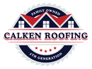 Logo for Calken Roofing: Houses with red roofs, "Calken Roofing" text, surrounded by a sawblade design, blue and white color scheme.