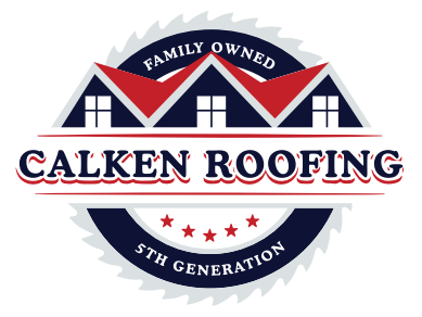 Logo for Calken Roofing: Houses with red roofs, "Calken Roofing" text, surrounded by a sawblade design, blue and white color scheme.