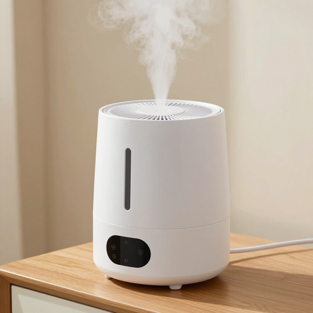 White humidifier emitting mist on a wooden table near a wall.