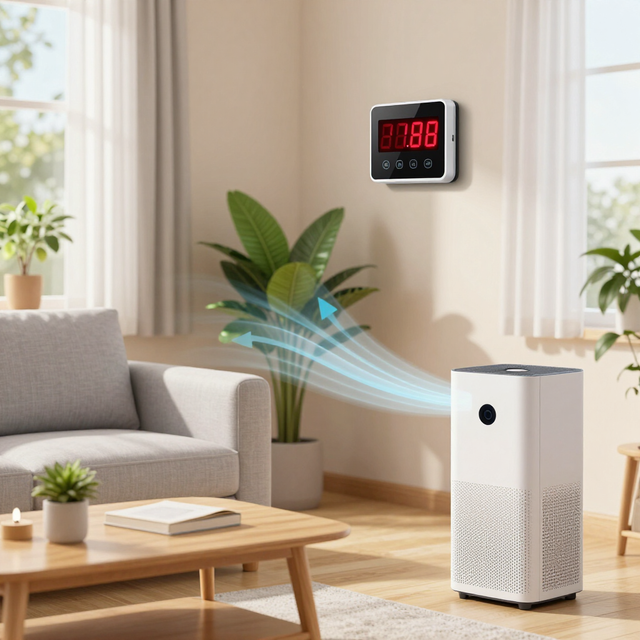 Living room with an air purifier blowing blue airflow toward a wall-mounted digital thermostat.