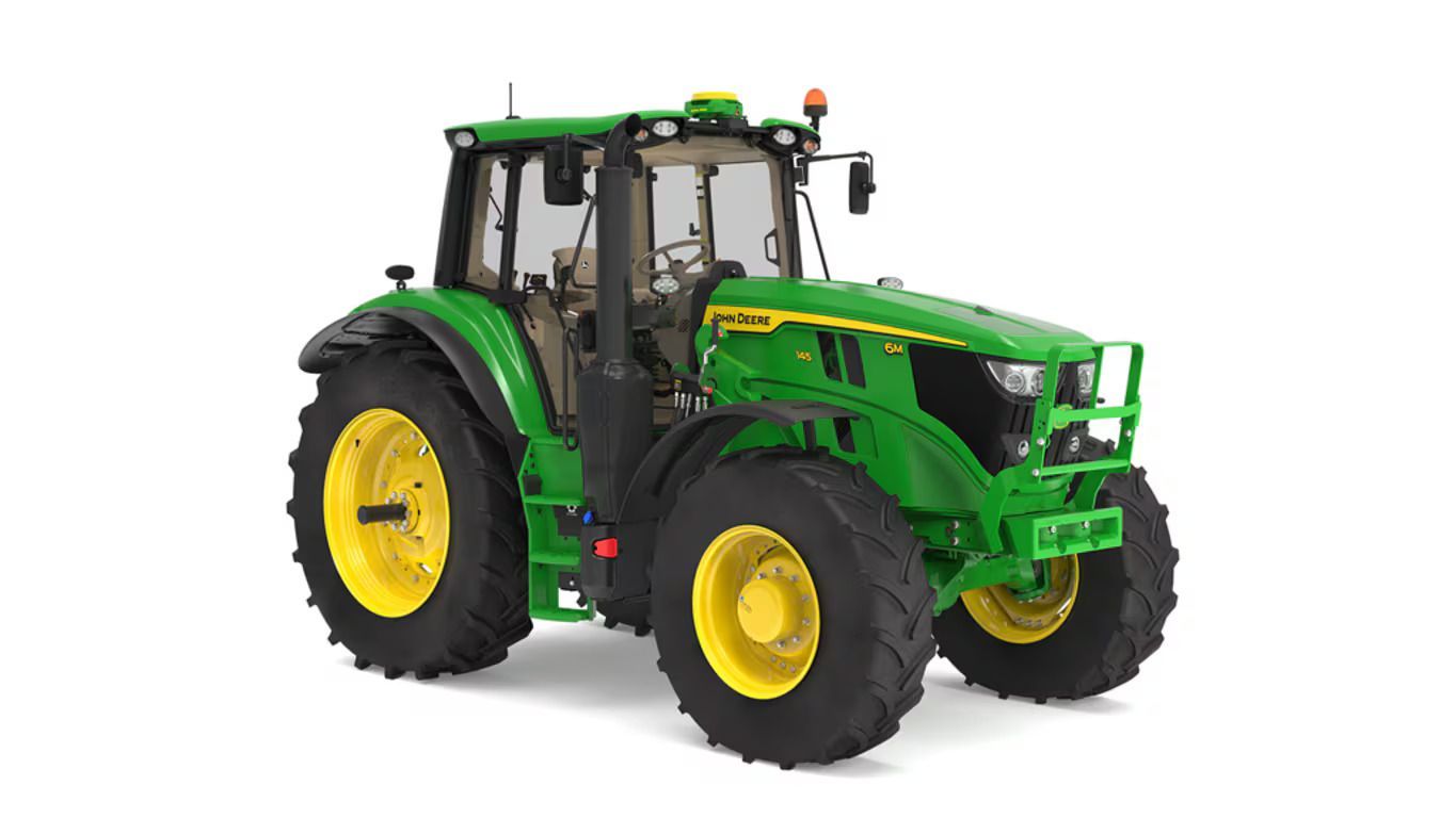 A green and yellow John Deere 6M 145 tractor on a white background.