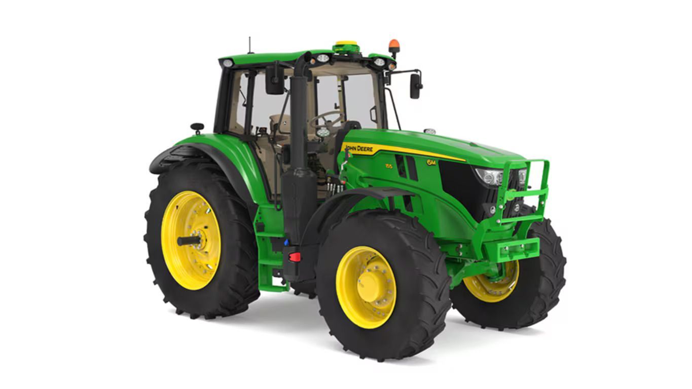 A green and yellow John Deere 6M 155 tractor on a white background.