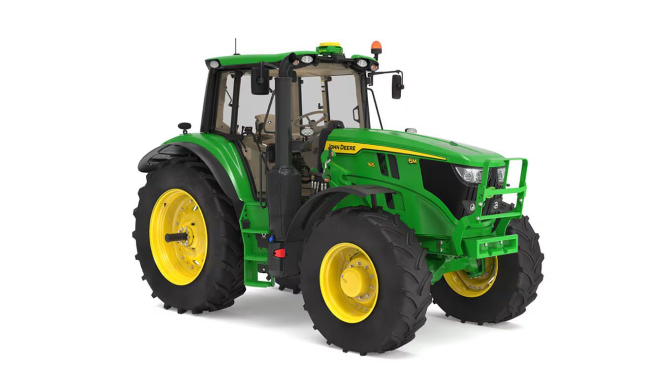 A green and yellow John Deere 6M 165 tractor on a white background.