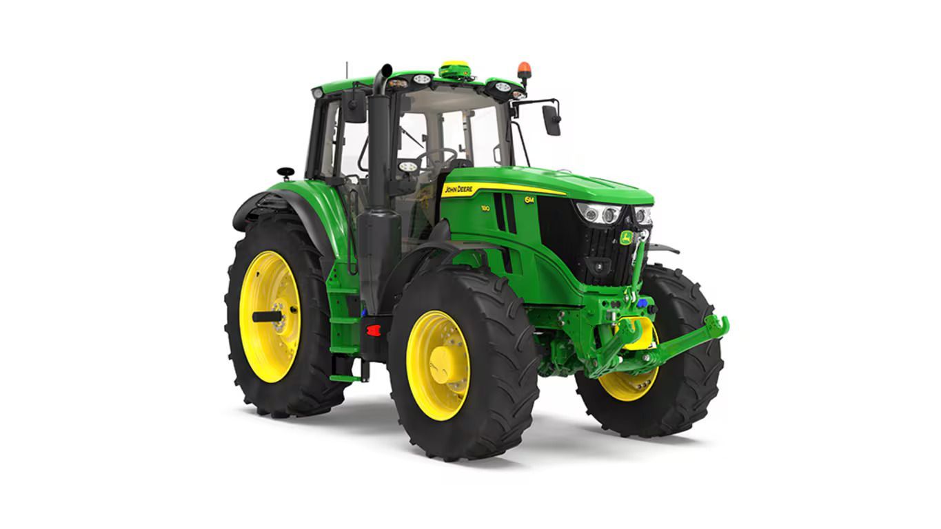 A green and yellow John Deere 6M 180 tractor on a white background.