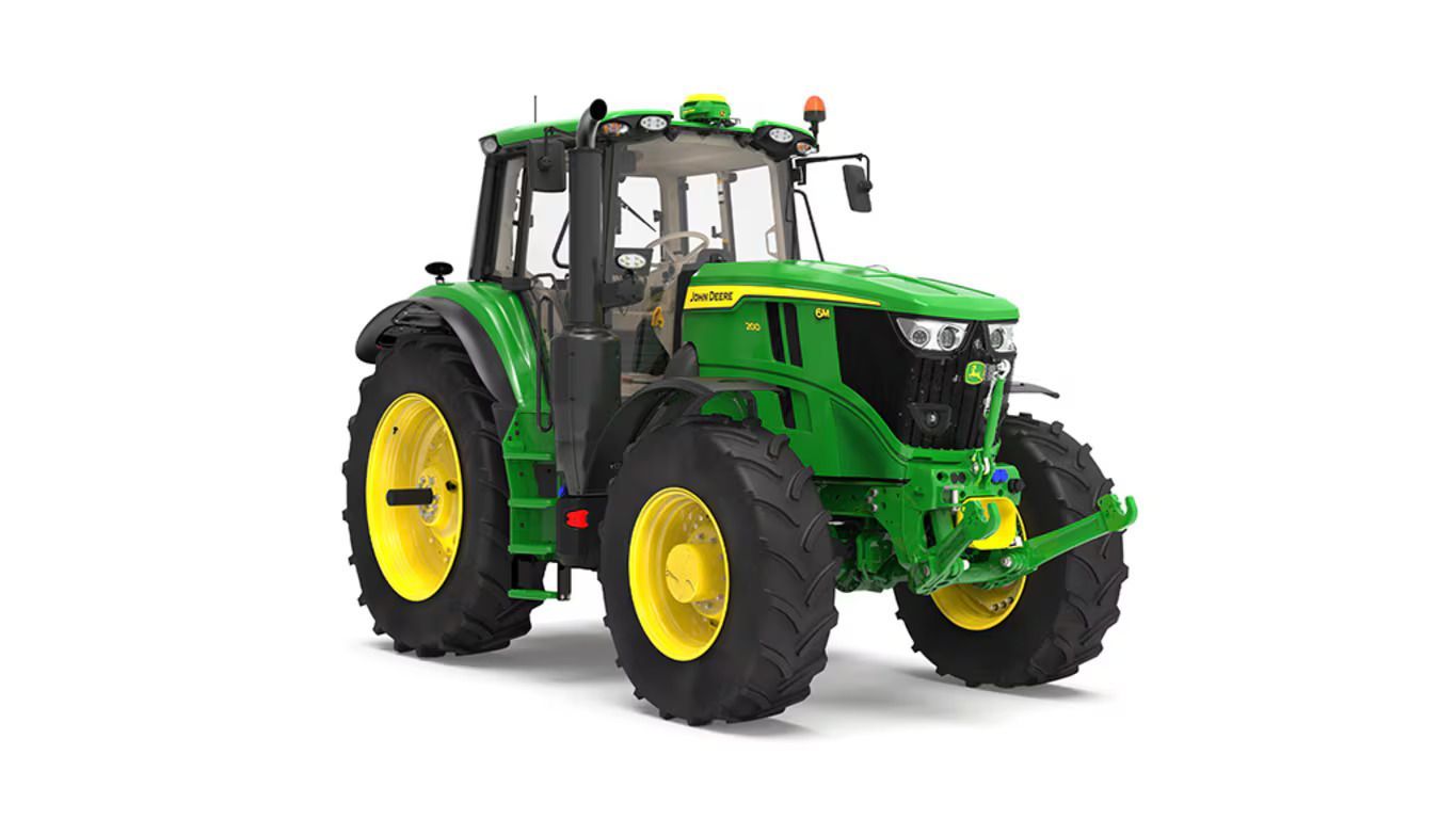 A green and yellow John Deere 6M 200 tractor on a white background.