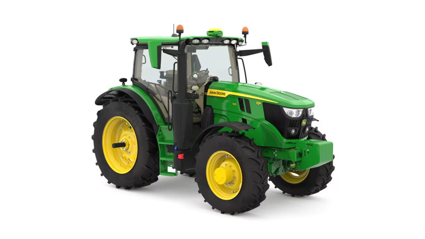 A green and yellow John Deere 6R 145 tractor on a white background.