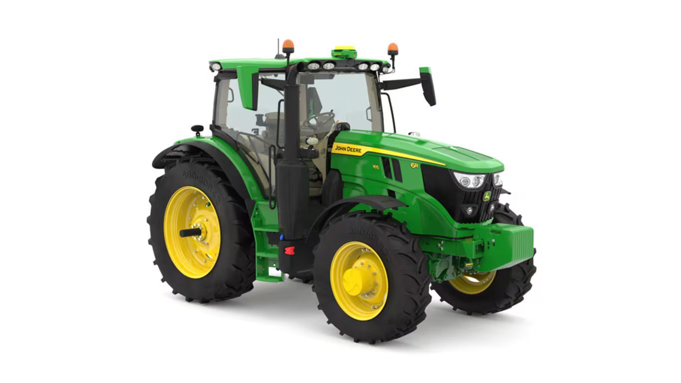 A green and yellow John Deere 6R 165 tractor on a white background.