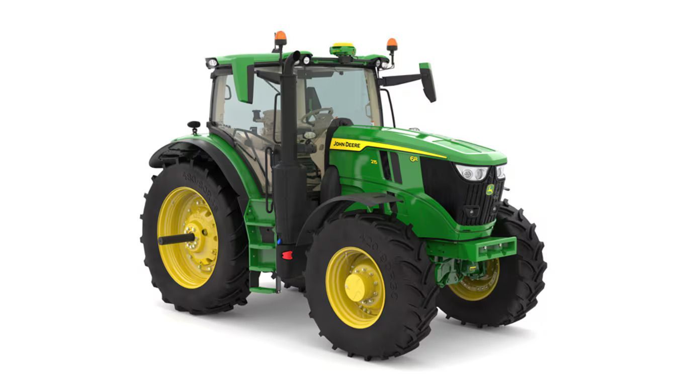 A green and yellow John Deere 6R 215 tractor on a white background.