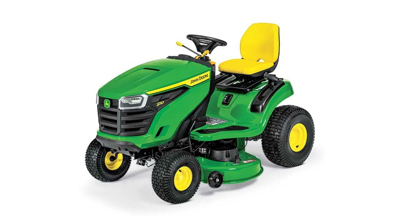 A green and yellow S110 John Deere riding lawn mower on a white background.