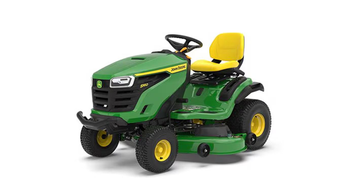 A green and yellow John Deere S160 riding lawn mower on a white background.