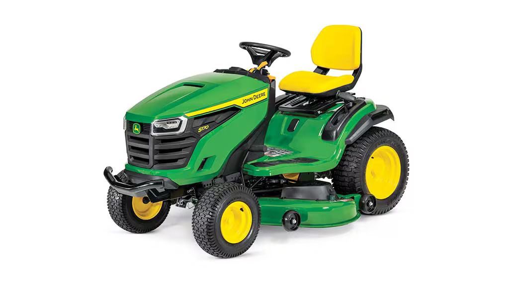 A green and yellow John Deere S170 riding lawn mower on a white background.