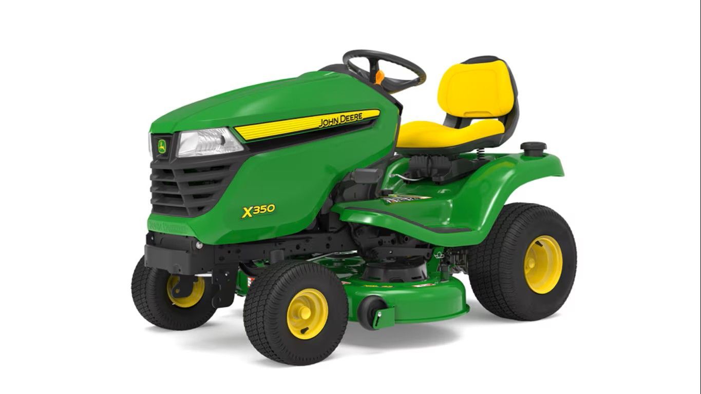 A green and yellow John Deere Z320R zero-turn riding lawn mower on a white background.