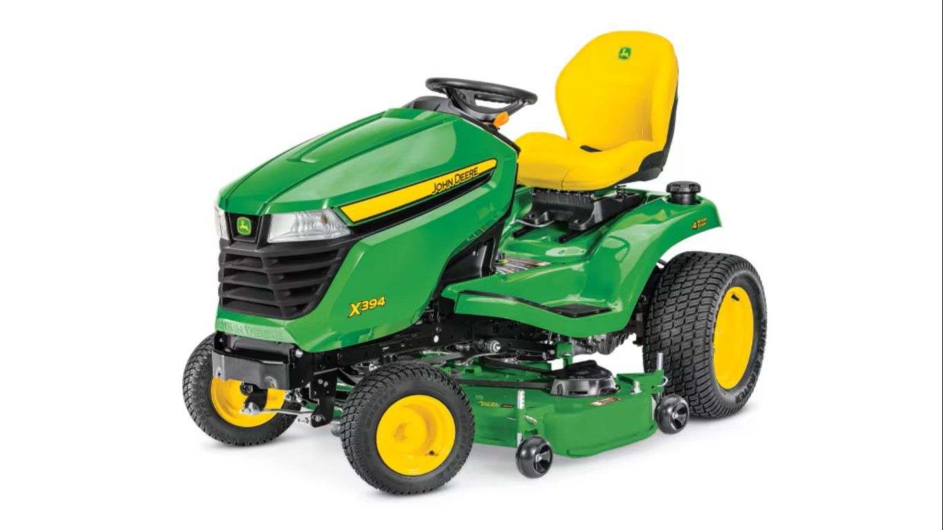 A green and yellow John Deere Z370R electric zero-turn riding lawn mower on a white background.